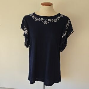 Floral Embroidered Navy Blouse